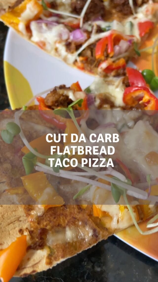 I haven't had @cutdacarb flatbread in a while - if you haven't heard of that product, it's a low carb flatbread that is low in calories (80 calories) (or 1 point on @WW) and large!

I decided to use that as a base for my pizza - a taco pizza and it came out great!

Here's what you will need:

1 @cutdacarb flatbread
3 tablespoons black bean hummus (I used @lantanafoods 
brand)
3 tablespoons green salsa (I used homemade salsa)
1/4 cup poblano peppers, diced
3 baby bell peppers, diced
1/8 cup red onion, diced
1 serving vegetarian meat crumbles (seasoned with taco seasoning)

For garnish

radish microgreens (optional)
Cholula Hot sauce (optional)

In a small skillet, saute the vegetarian crumbles to cook, adding taco seasoning. Set aside.

On a baking sheet covered with parchment paper, add the flatbread to the pan.

Mix the black bean hummus with the green salsa for the "sauce" for the base.

Add the cooked vegetarian crumbles, the vegetables, and cheese. Bake at 400 for 10-12  minutes. Cut into squares - top with microgreens and hot sauce!

For my @ww friends, this whole taco pizza was 7 points! Woohoo!

#cutdacarb #tacopizza #flatbreadpizzarecipe #pizzarecipe🍕 #wwpizzarecipe #lowpointpizza #wwfoodie